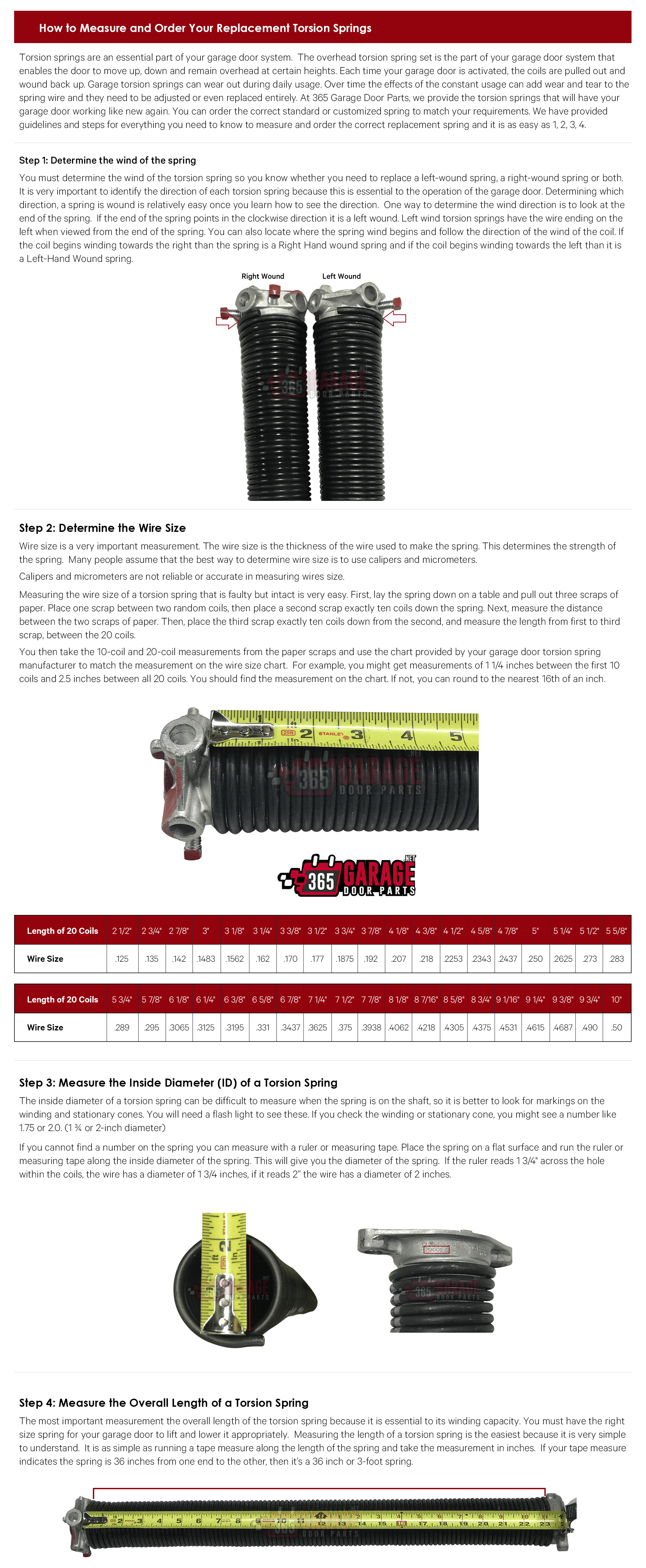 Torsion Spring Chart and Sizes